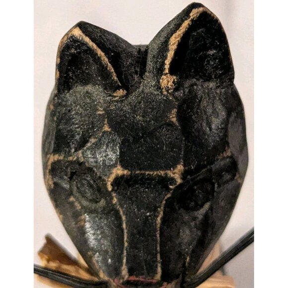 Hand Carved Cat Figure Wooden Black Rustic Distressed Folk Art Raffia Ribbon Vtg - Picture 7 of 16